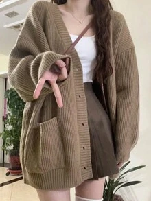 Women Solid Color Front Button V-Neck Double Pocket Long Sleeve Knit Cardigan