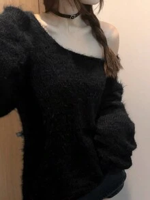 New Simple Solid Color Off-Shoulder Long Sleeve Pullover Sweater For Women, Slouchy Knit Top, Autumn/Winter Black Spring - Black - View 2