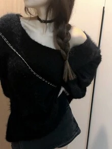 New Simple Solid Color Off-Shoulder Long Sleeve Pullover Sweater For Women, Slouchy Knit Top, Autumn/Winter Black Spring - Black - View 4