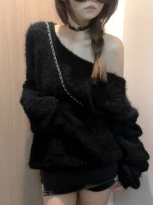 New Simple Solid Color Off-Shoulder Long Sleeve Pullover Sweater For Women, Slouchy Knit Top, Autumn/Winter Black Spring - Black - View 7