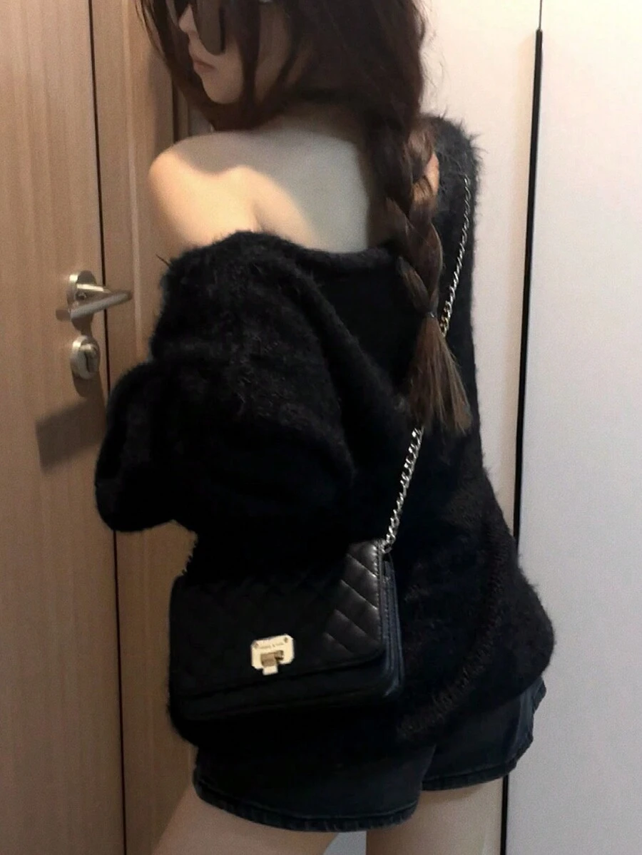 New Simple Solid Color Off-Shoulder Long Sleeve Pullover Sweater For Women, Slouchy Knit Top, Autumn/Winter Black Spring - Black - View 1