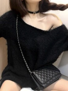 New Simple Solid Color Off-Shoulder Long Sleeve Pullover Sweater For Women, Slouchy Knit Top, Autumn/Winter Black Spring - Black - View 6