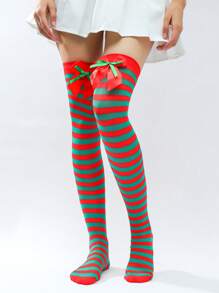 2 chiếc tất Giáng sinh, tất sọc cho người lớn, tất cao đến đầu gối có nơ đỏ và phụ kiện búi tóc - Nhiều màu - Xem 12