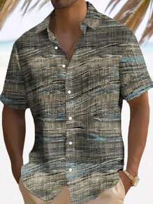 Plus Size Masculino Vintage Textura Geométrica Arte Abstrata 3D Impressão Digital Botão Para Baixo Camisa de Manga Curta - Multicolorido - Ver 2