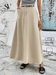 SV Elegant Tailored Midi Skirt With Belt Casual Plain Women's Skirt With Pocket And Front Zipper - Màu be - Xem 1