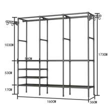 Arara De Roupa 3 Filheiras Cabideiro De Chão Sapateira Rack Organizador Multiuso Aço Inox - Preto - Visão 3