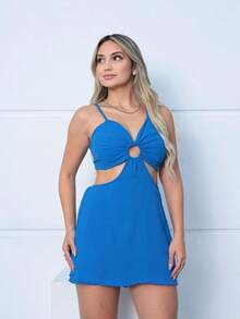 Casual Jumpsuit With Overlay Skirt, Thin Straps And Tie Back - 藍色 - 查看 1