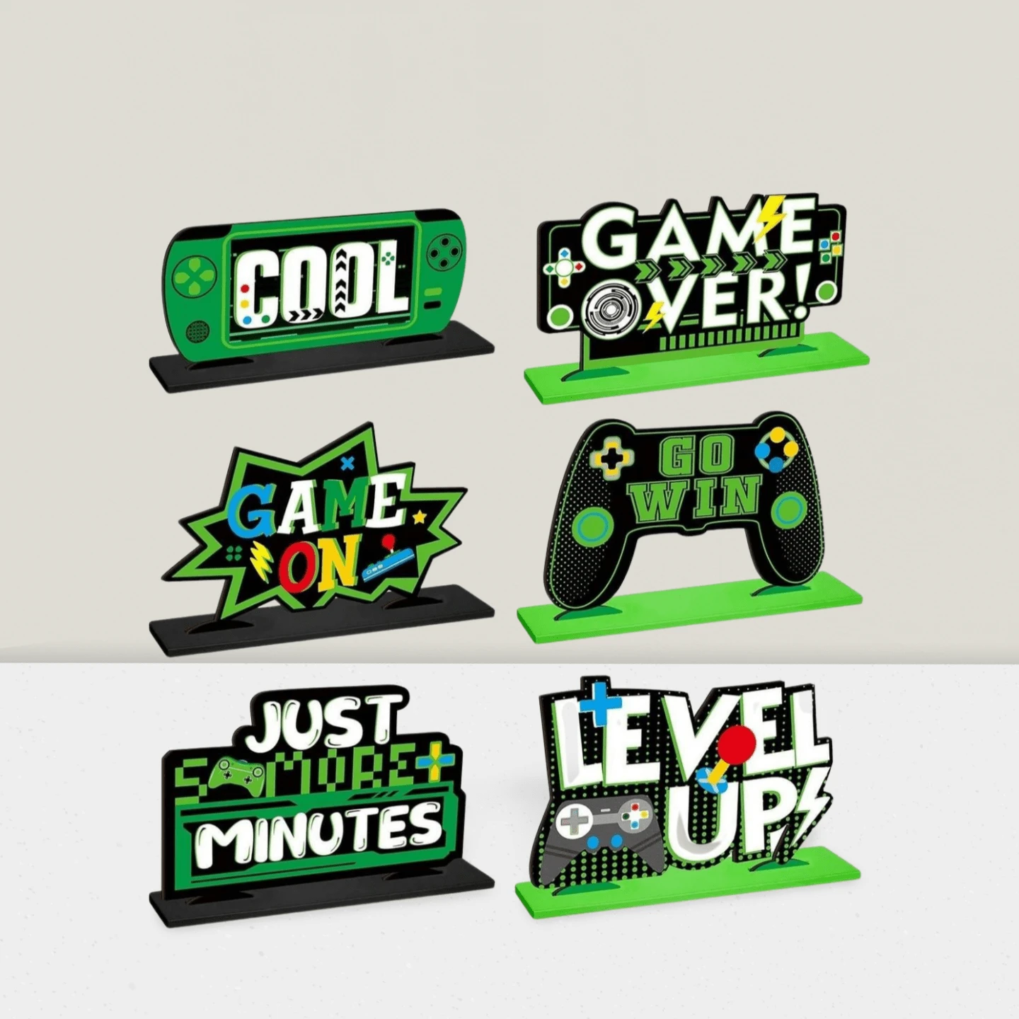 6 Pcs Video Game Party Centerpieces Wood Level Up Birthday Decorations Gaming Desk Decor Pixelated Game On Table Sign For Adults Birthday Party Game Gaming Theme Fans Supplies (Green) - màu xanh lá - Xem 1