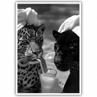1pc Vintage Black And White Wall Art Posters Funny Cheetah And Jaguar Drink Cocktail Decor Fashion Panther Prints Pictures Funky Animal Photography Canvas For Bar Cart Bathroom Aesthetic Frameless