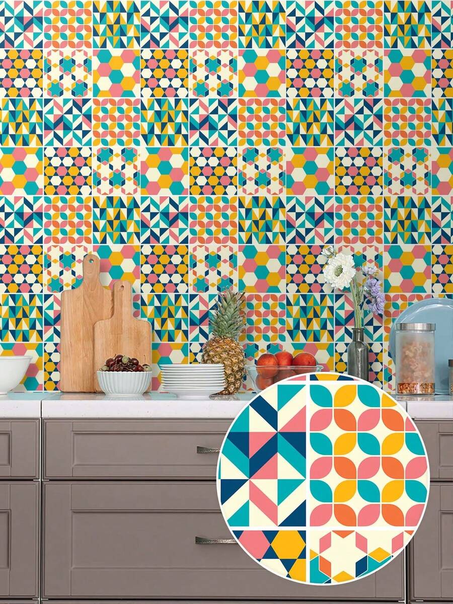 5 Meter Roll Self Adhesive Wallpaper Patchwork Geometric Colorful Washable Bedroom Living Room Kitchen Bathroom - 型號01 - 查看 1