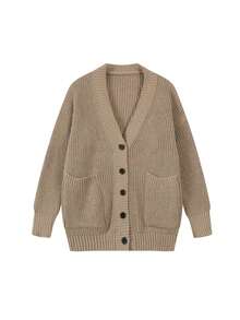 Women Solid Color Front Button V-Neck Double Pocket Long Sleeve Knit Cardigan