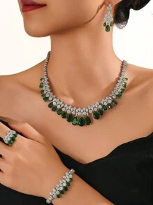 Set de bijuterii de lux cu 4 bucăți pentru femei, colier, cercei, inel, brățară cu zirconiu verde și roz încrustat cu cupru, set de bijuterii de mireasă, cadou de Ziua Îndrăgostiților pentru prietenă