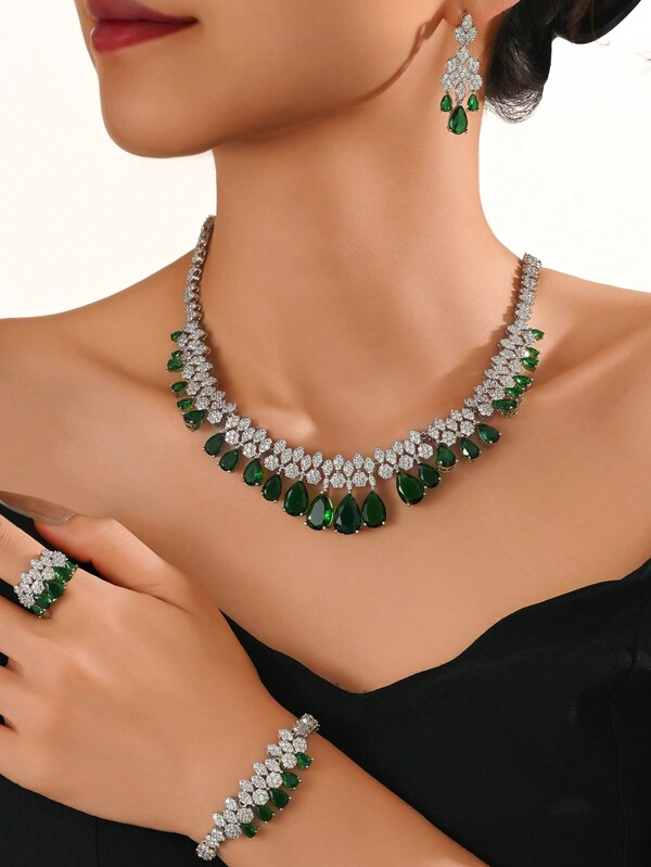4pcs Luxury Jewelry Set For Women, Copper Inlaid Green & Pink Zirconia Necklace, Earrings, Ring, Bracelet, Bridal Jewelry Set, Valentine's Day Gift For Girlfriend