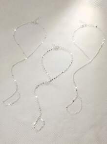 1pc 925 Sterling Silver Lip Chain, Beaded Slice Chain Bracelet And Finger Ring Set, Suitable For Women's Daily Wear