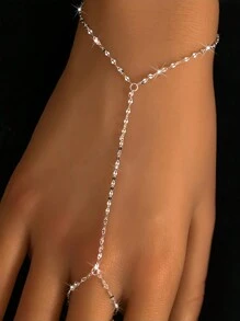 1pc 925 Sterling Silver Lip Chain, Beaded Slice Chain Bracelet And Finger Ring Set, Suitable For Women's Daily Wear