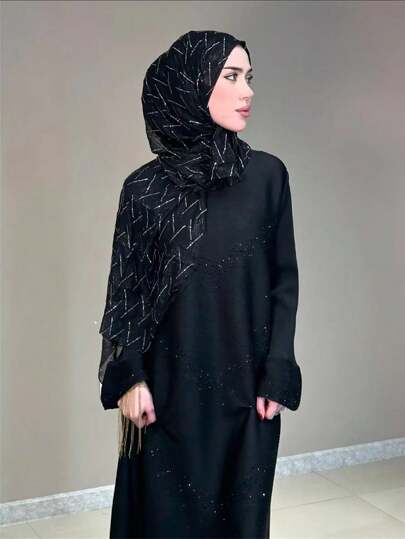 1 件女士 Abaya 配饰纯色头巾水钻几何图案柔软雪纺头巾，阿拉伯简约轻便头巾围巾适合日常使用