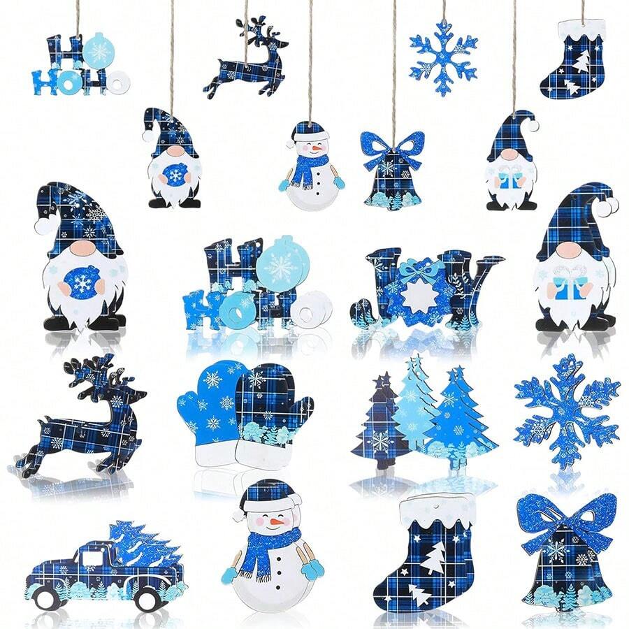 12 件圣诞树饰品，包括蓝色木制雪花、小矮人、雪人、卡车、驯鹿、铃铛、长袜、手套、标志、蝴蝶结、格子图案，适合节日派对装饰 - 藍白色 - 查看 1