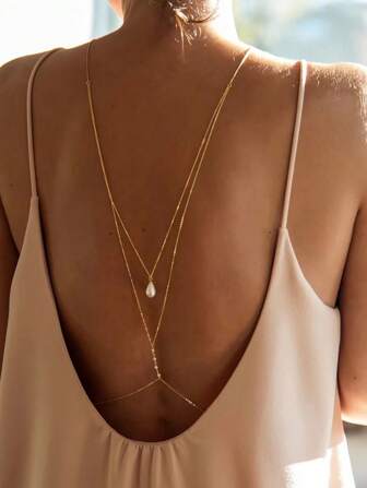 Elegante collar de múltiples capas con borla de perlas sintéticas sin espalda de moda