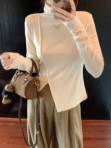 Áo thun dài tay cổ lọ bó sát dành cho nữ, đường viền xẻ bất đối xứng, áo cơ bản màu trơn, mùa thu - Màu be - Xem 2