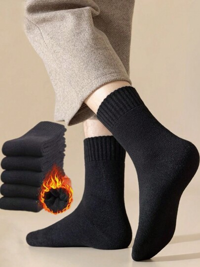 3pcs/5pcs Winter Thicken Thermal Lined Mid-Calf Black Socks For Men