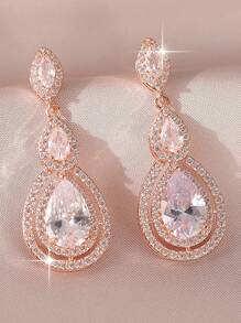 1 对日常佩戴 CZ 女士婚礼耳环，带水滴 AAA 方晶锆石派对耳环珠宝 - 玫瑰金 - 查看 1