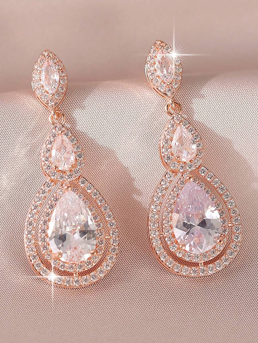 1 对日常佩戴 CZ 女士婚礼耳环，带水滴 AAA 方晶锆石派对耳环珠宝 - 玫瑰金 - 查看 1