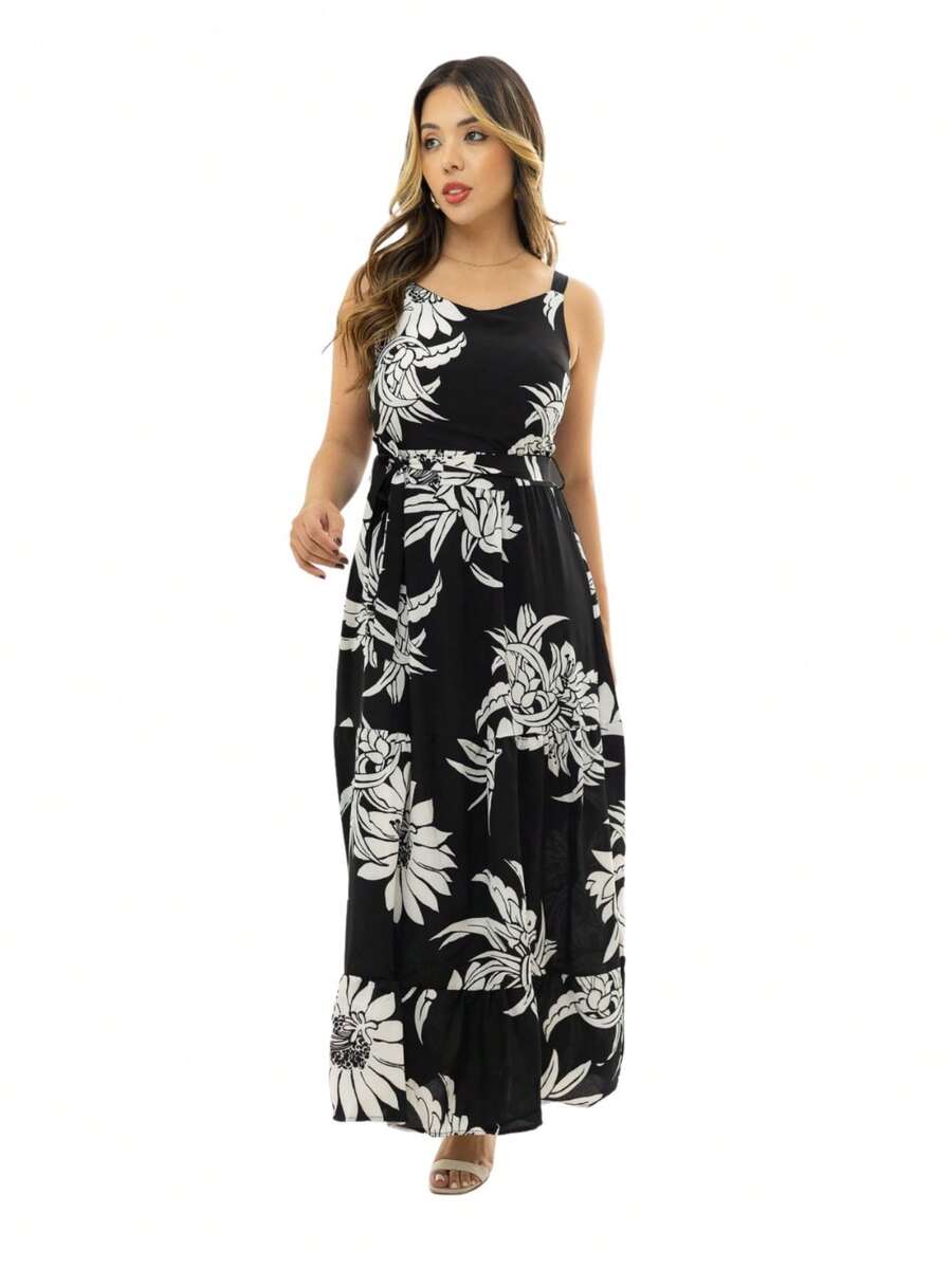 Floral Dress Fashion Flared Long Flared Dress - 黑色 - 查看 1