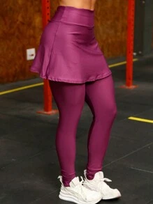 High Waist Gym Leggings With Skirt - 淡紫色 - 查看 2