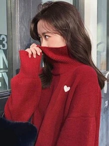 Áo len cổ lọ dệt kim thường ngày mới thu/đông 2025 cho nữ, họa tiết trái tim màu đỏ, phong cách ngọt ngào, mặc hàng ngày - Đỏ - Xem 2