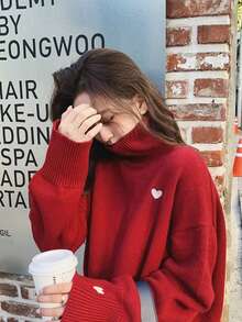 Áo len cổ lọ dệt kim thường ngày mới thu/đông 2025 cho nữ, họa tiết trái tim màu đỏ, phong cách ngọt ngào, mặc hàng ngày - Đỏ - Xem 3