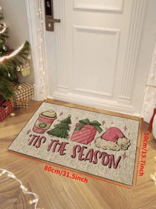 1pc 'Beige Base Pink Coffee Cup Christmas Tree Gift Box And Pink Hat Christmas' Doormat, Indoor Mat, Throw Rug, Creative Door Mat, Entryway Themed Mat, Home Decor, Non-Slip Floor Rug Mat, Bedroom Accessories, Photo Props, Outdoor Decor, Throw Rug, Area Rug, Gift