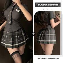 [上衣+裙子+领带+徽章] 派对/日常穿着合身学生 JK 制服服装，大码约会服装 - 煙灰jk制服 - 查看 15