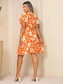 Women's Printed Midi Dress With Viscolinho Liner - 橘色 - 查看 4