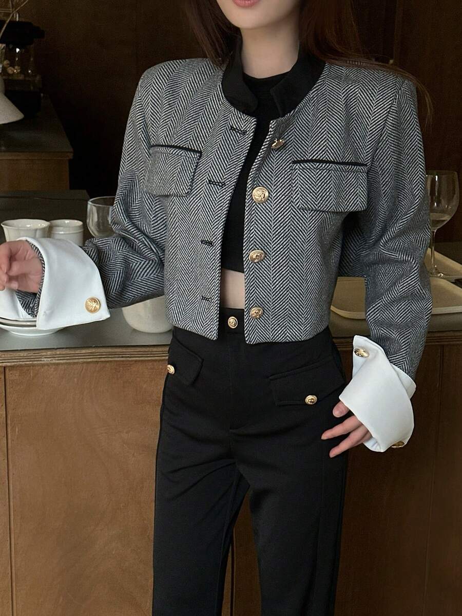 撞色滚边纽扣前襟短款大衣休闲款 - 灰色 - 查看 1