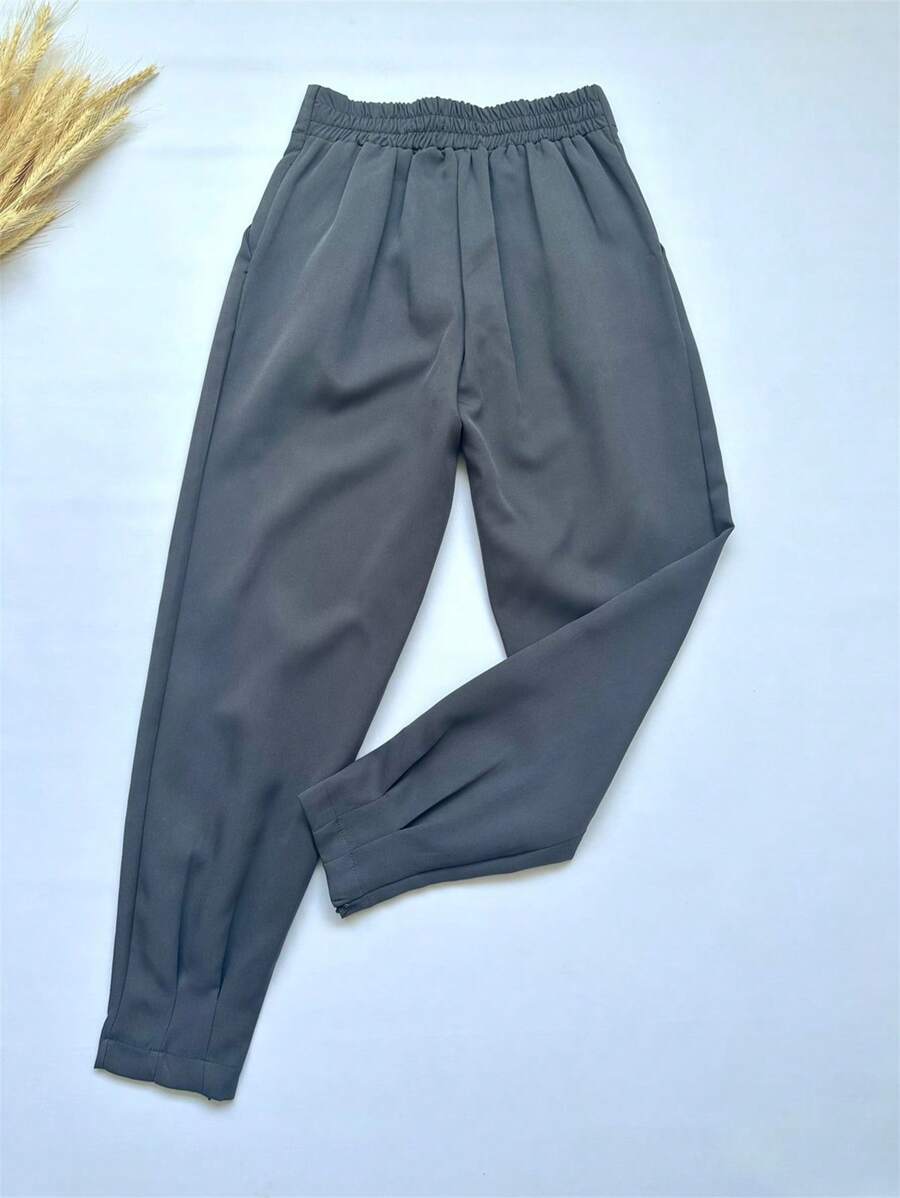 JEMMY MODA Carrot Tailored Pants With Elastic Details At The Back Zippered Cuffs, White, Black, Beige, Caramel, Blue, Gray, Size Pmgg - 灰色 - 查看 1
