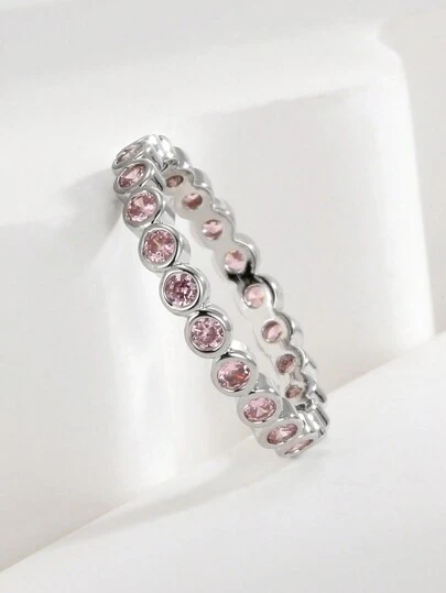 Charm-In Anillo minimalista de mujer chapado en plata de latón, incrustado con circonita cúbica rosa, un regalo ideal para novia, madre, esposa - hipoalergénico y no se desvanece, apilable