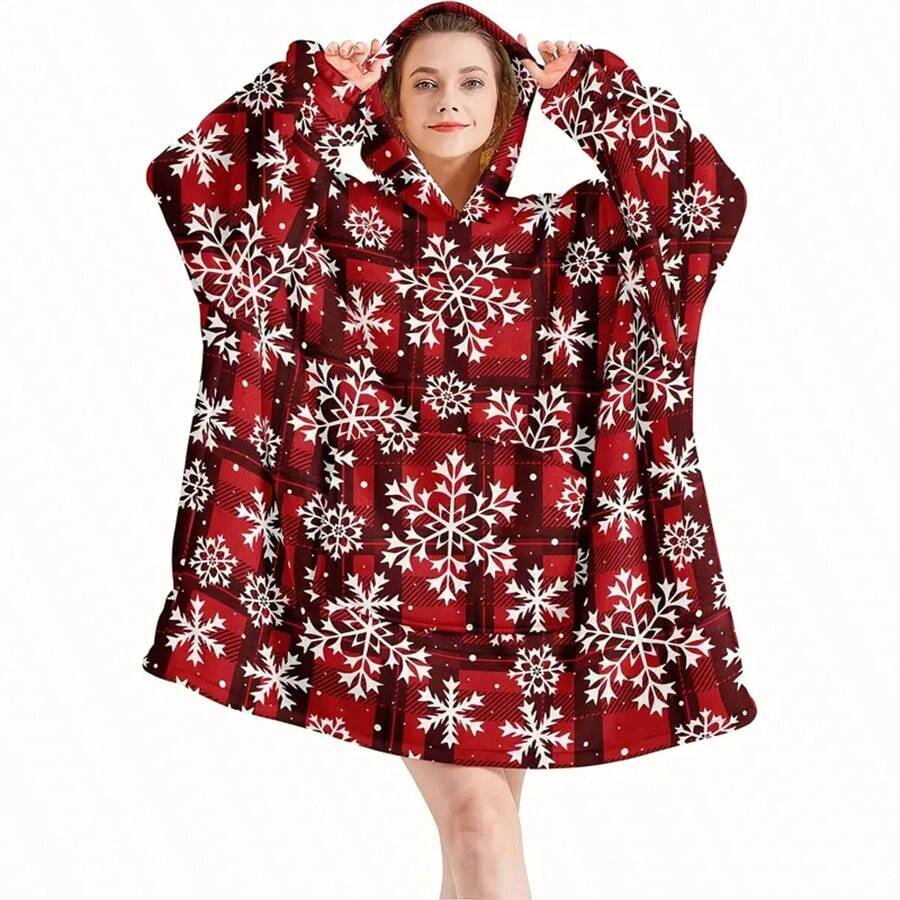 Christmas Red Plaid Snowflake Wearable Blanket, Adult Women Hooded Cozy Blanket With Large Pocket, Gift For Girlfriend, Mother, Ladies, Machine Washable, Home Kitchen Bedding - Multicolor - View 1