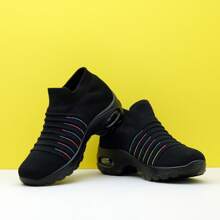 Women's Rainbow Striped Cushioned Lace-Up Casual Sports Shoes, Knit Sock Shoes For Dancing