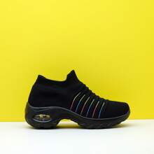 Women's Rainbow Striped Cushioned Lace-Up Casual Sports Shoes, Knit Sock Shoes For Dancing