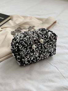 1 件时尚安静奢华迷人亮片女士水桶包 - 时尚闪亮纯色合成斜挎包和单肩包，带抽绳封口，适合女孩、大学生和女士，适合婚礼、派对、度假和晚宴 - 銀色 - 查看 12