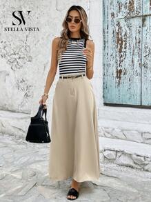 SV Elegant Tailored Midi Skirt With Belt Casual Plain Women's Skirt With Pocket And Front Zipper - Màu be - Xem 2