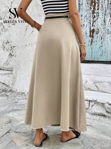 SV Elegant Tailored Midi Skirt With Belt Casual Plain Women's Skirt With Pocket And Front Zipper - Màu be - Xem 7
