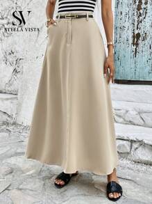 SV Elegant Tailored Midi Skirt With Belt Casual Plain Women's Skirt With Pocket And Front Zipper - Màu be - Xem 4