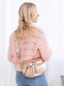 Fashionable Casual PU Leather Crossbody Bag With Zipper & Wide Webbing Strap - Rose Gold - View 2