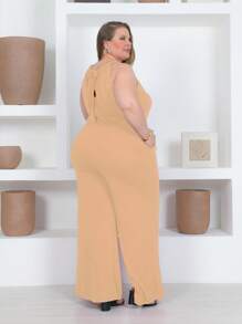 Women's Viscolycra Jumpsuit With Straps, Tie At The Back, Round Neckline, Fitted, Wide-Leg Pants, High-Waisted, Sizes 40 To 64 - Màu be - Xem 5