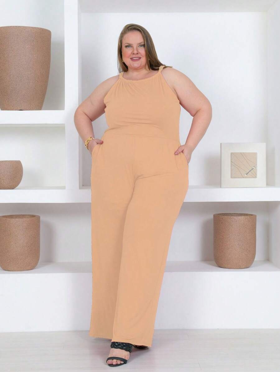 Women's Viscolycra Jumpsuit With Straps, Tie At The Back, Round Neckline, Fitted, Wide-Leg Pants, High-Waisted, Sizes 40 To 64 - Màu be - Xem 1