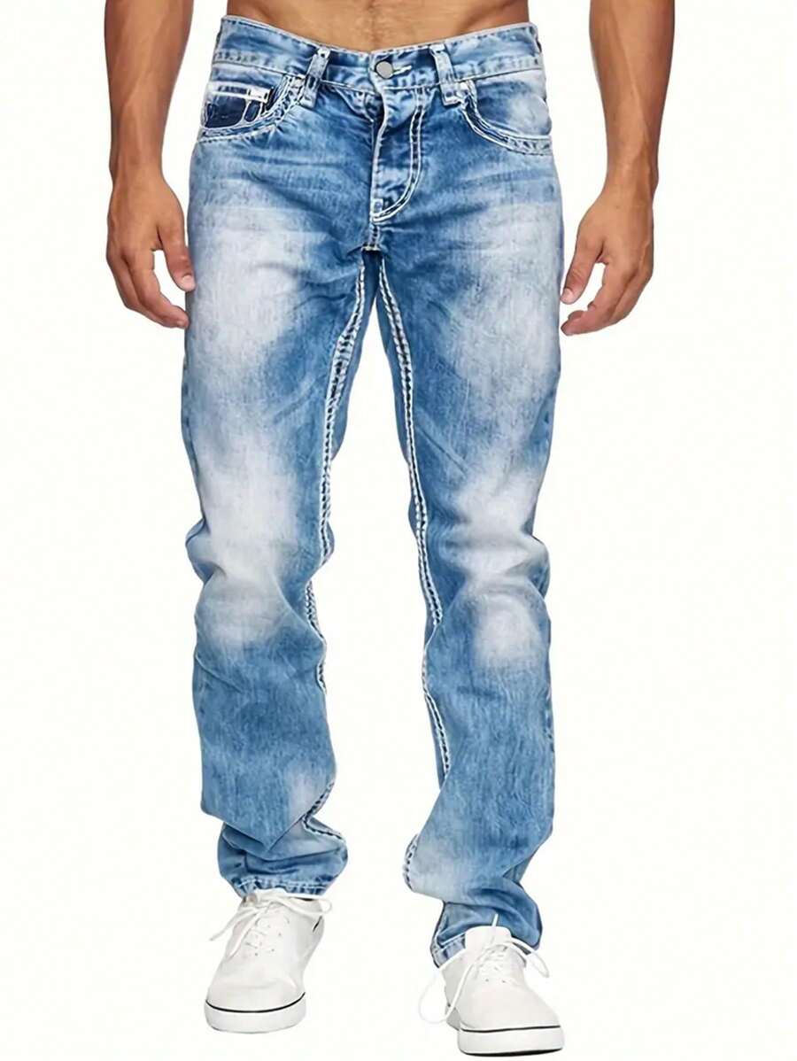 Men's Fashion Straight Leg Washed Denim Jeans - Medium Wash - View 1