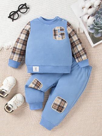 男婴休闲格子字母刺绣运动衫 + 裤子 2 件套，保暖服装
