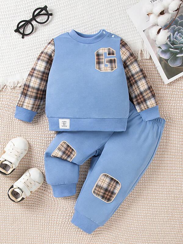 Baby Boys Casual Plaid Letter Embroidery Sweatshirt + Pants 2Pcs Set, Warm Outfit For