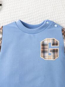 男婴休闲格子字母刺绣运动衫 + 裤子 2 件套，保暖服装